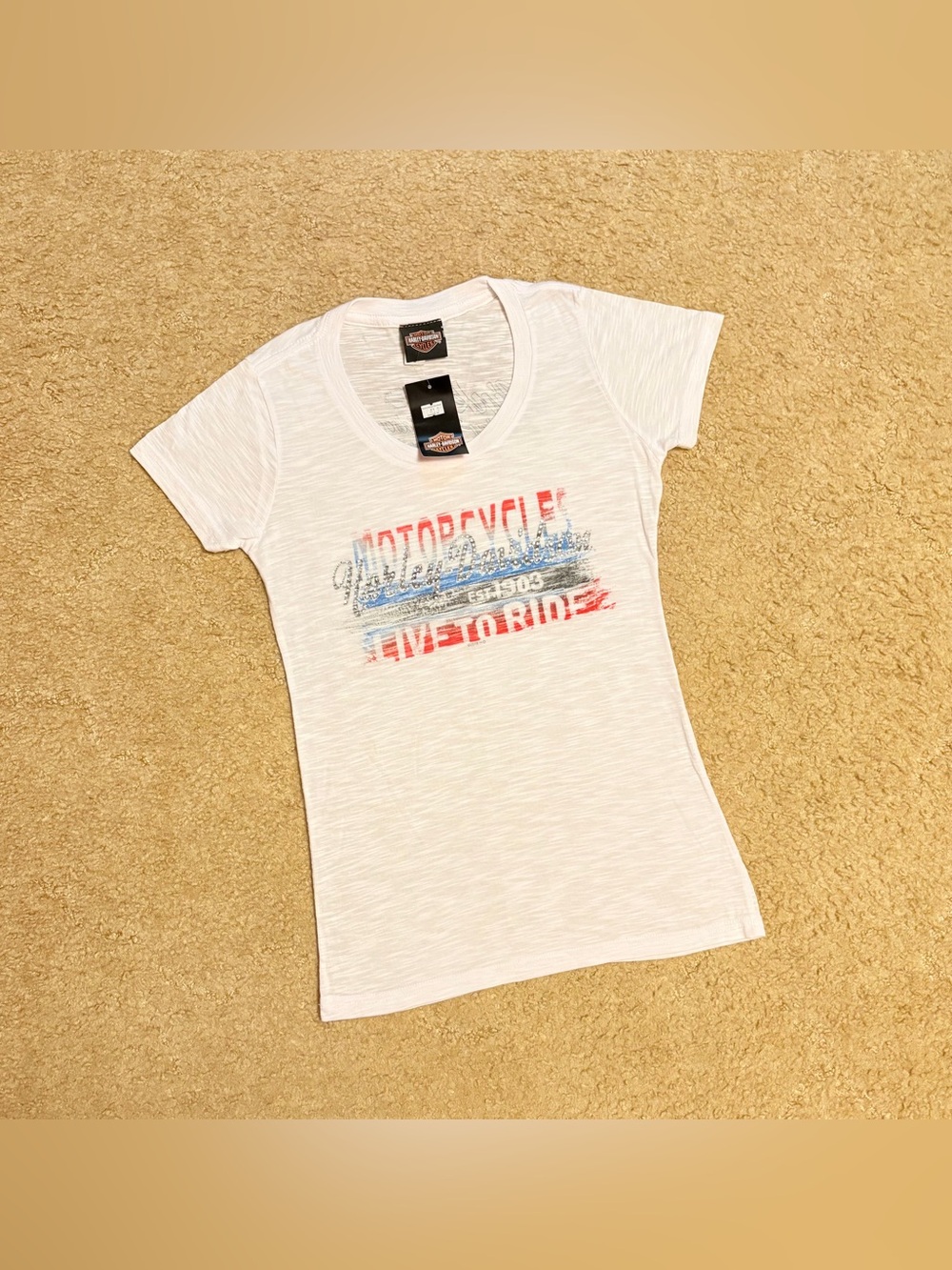 Harley-Davidson White Tee with Red and Blue bling Graphic